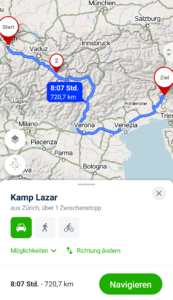 Routenplan Zürich - Kobarid via Veraina